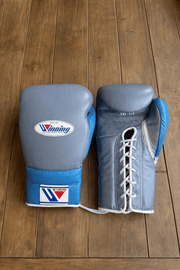 Winning Grey/Blue Full View Leather Boxing Gloves