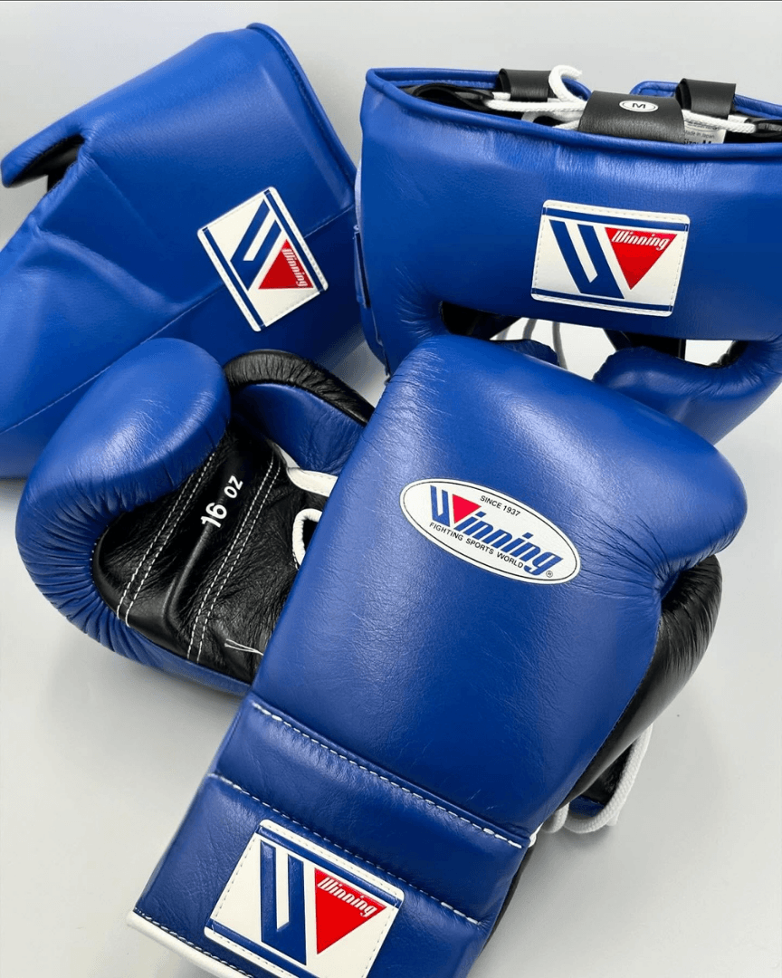 Winning Boxing Set Blue/Black 14oz Gloves with Headguard Training Kit