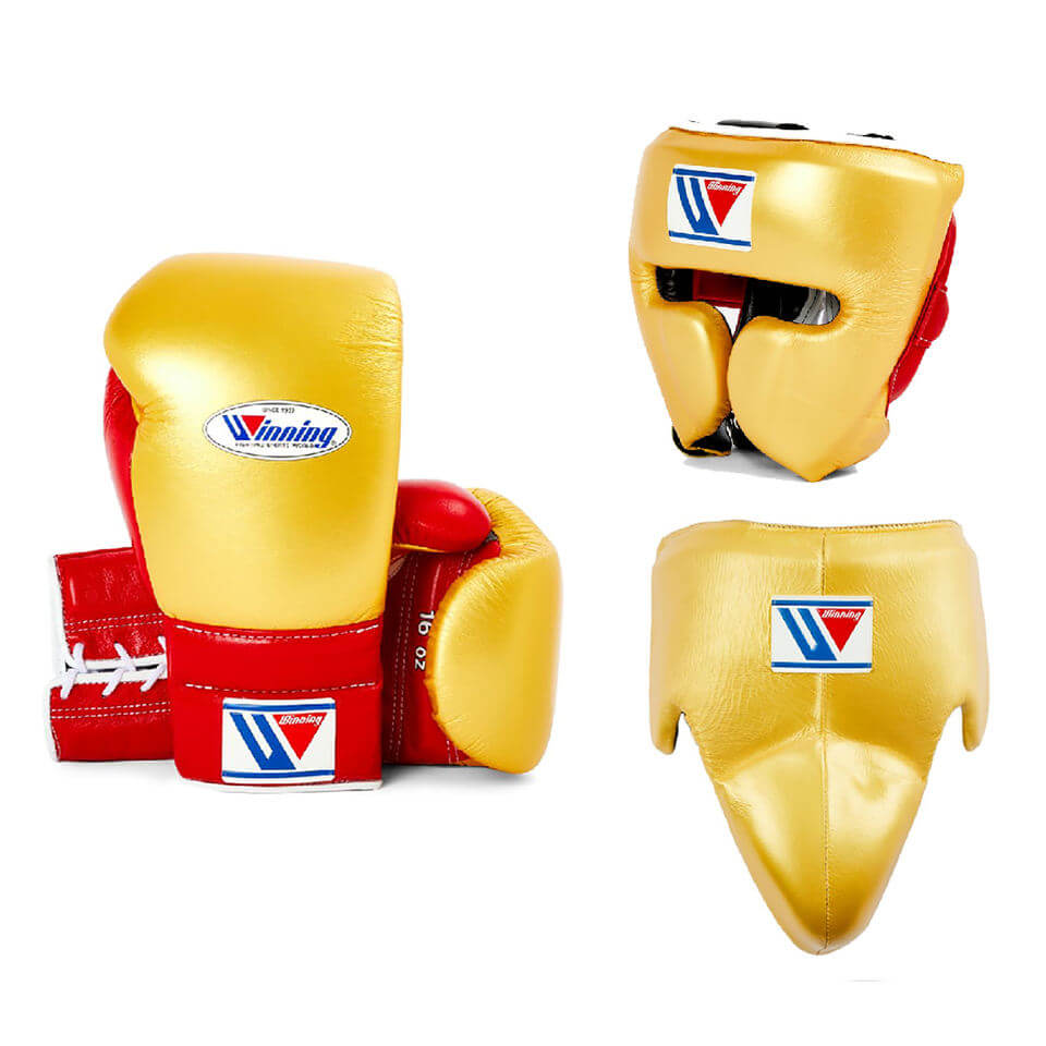 Winning Boxing Set Gold/Red Gym Training Gloves Headguard
