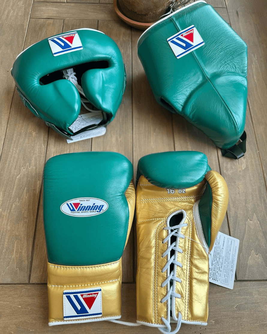 Winning Boxing Gloves Set Green/Gold Heavy Duty Training Collection