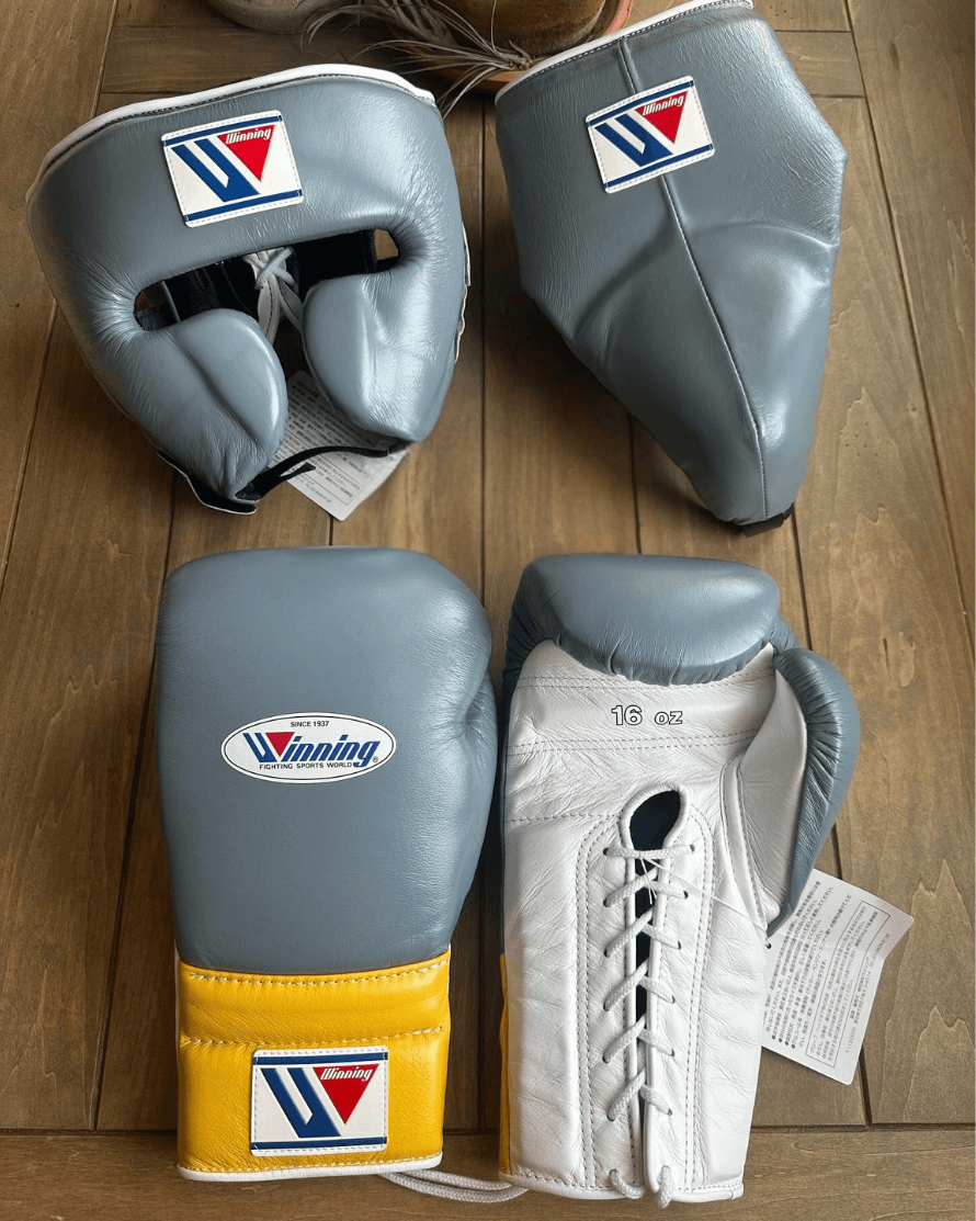 Winning Boxing Set Grey/White/Yellow Gym Training Gloves Headguard
