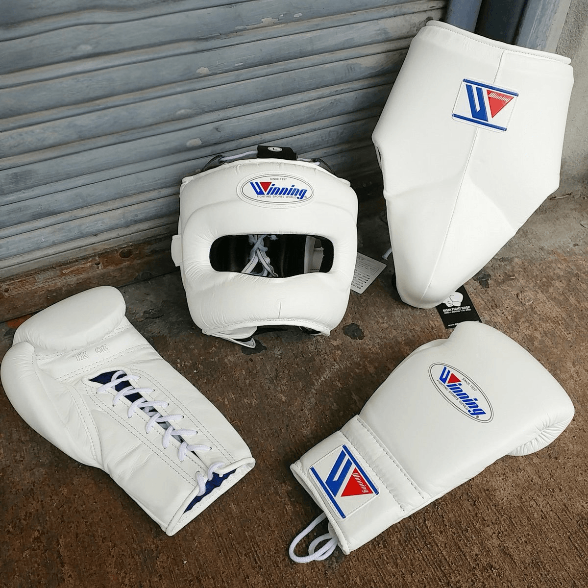 Winning Boxing Set White 14oz Gloves with Headguard Training Kit