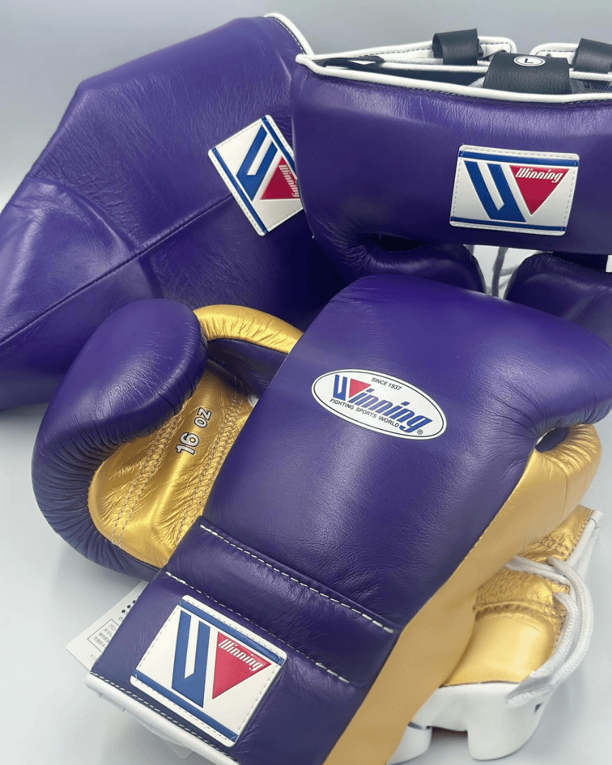 Winning Purple/Gold Boxing Set Fitness Training Gloves Headguard