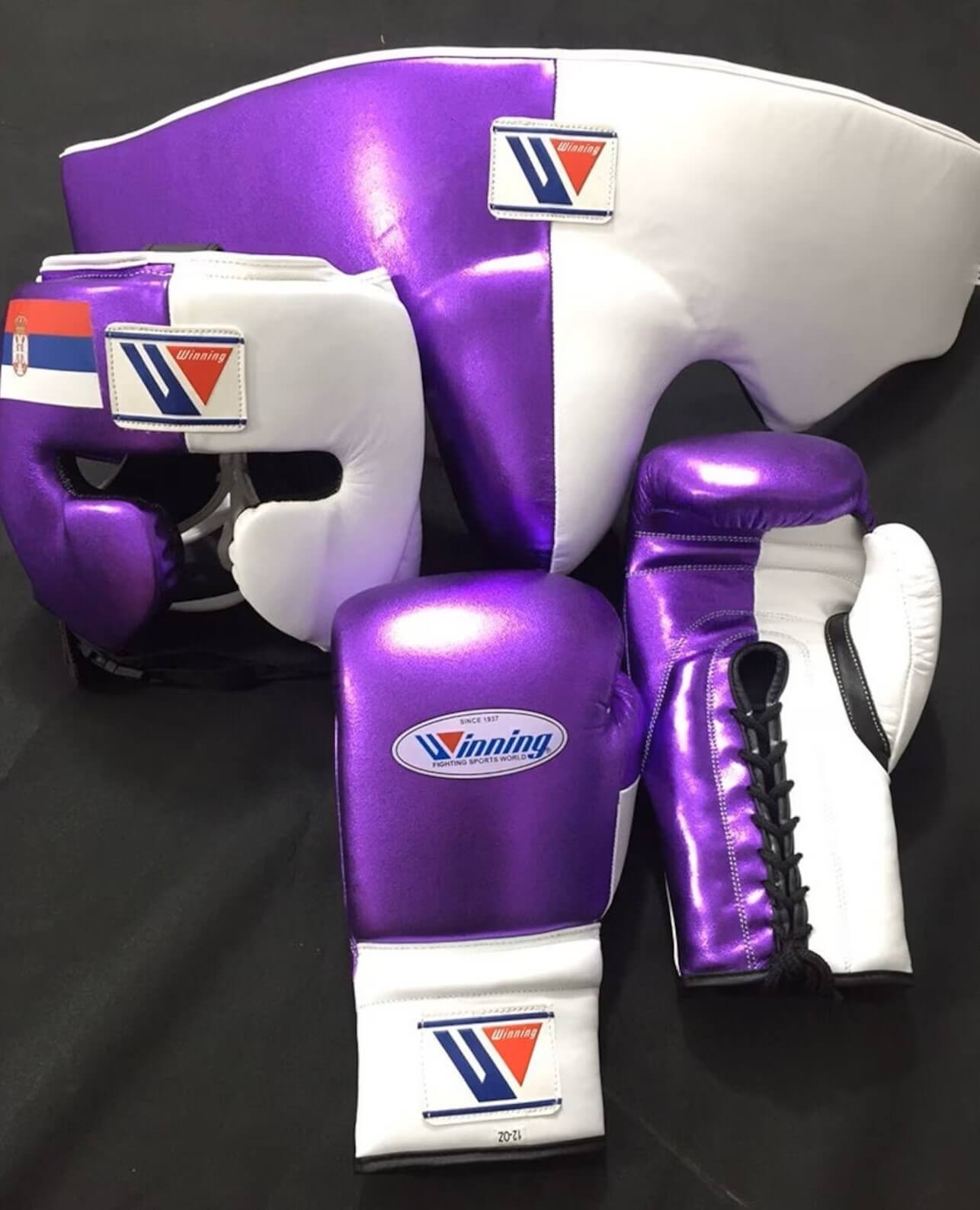 Winning White/Purple Boxing Set Fitness Training Gloves Headguard