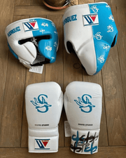 Winning Complete Boxing Set White/Blue Gloves Headguard Training Bundle