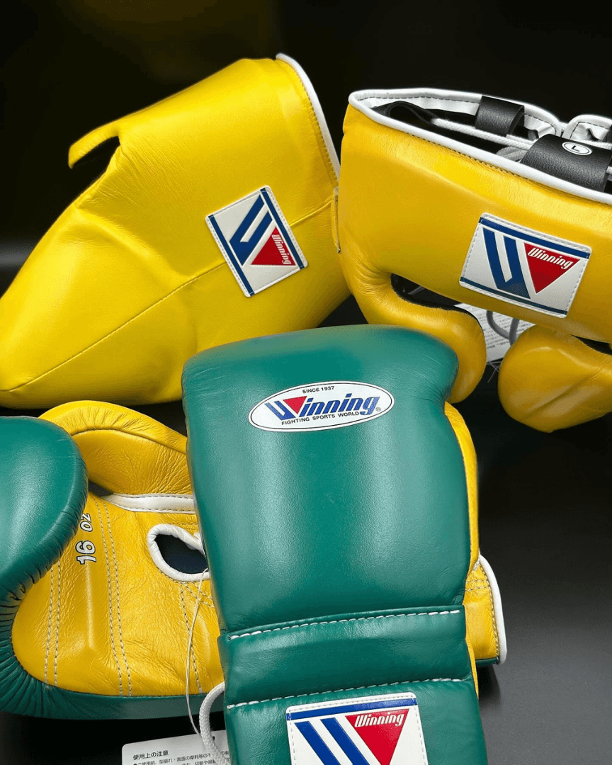 Winning Complete Boxing Set Yellow/Green Gloves Headguard Training Bundle