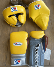 Winning Yellow/Grey/Brown Full Boxing Set Gloves Headguard Groin Guard