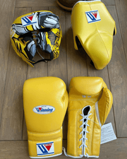 Winning Boxing Set Yellow 14oz Gloves with Headguard Training Kit