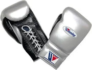 Winning Boxing Gloves Silver/Black on Hands Training Action Shot
