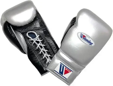 Winning Boxing Gloves Silver/Black on Hands Training Action Shot