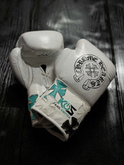 Winning Boxing Gloves White/Black/Teal Chrome Heat Style Leather Gloves Back View