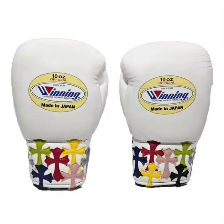 Winning White Chrome Heart Style Leather Boxing Gloves Heavy Duty Training Pair