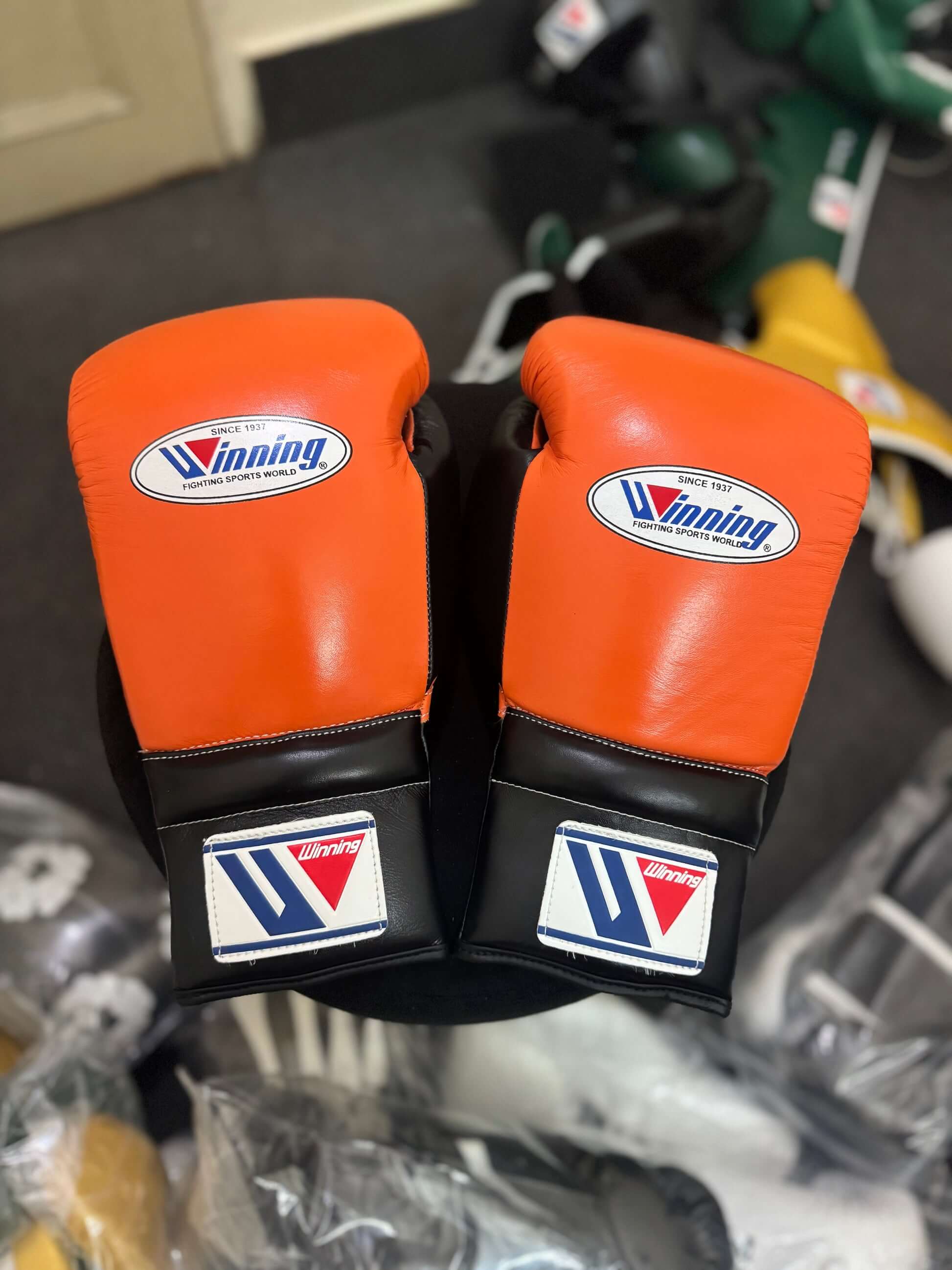 Winning Orange/Black Boxing Gloves 14oz Premium Training Gloves Back View