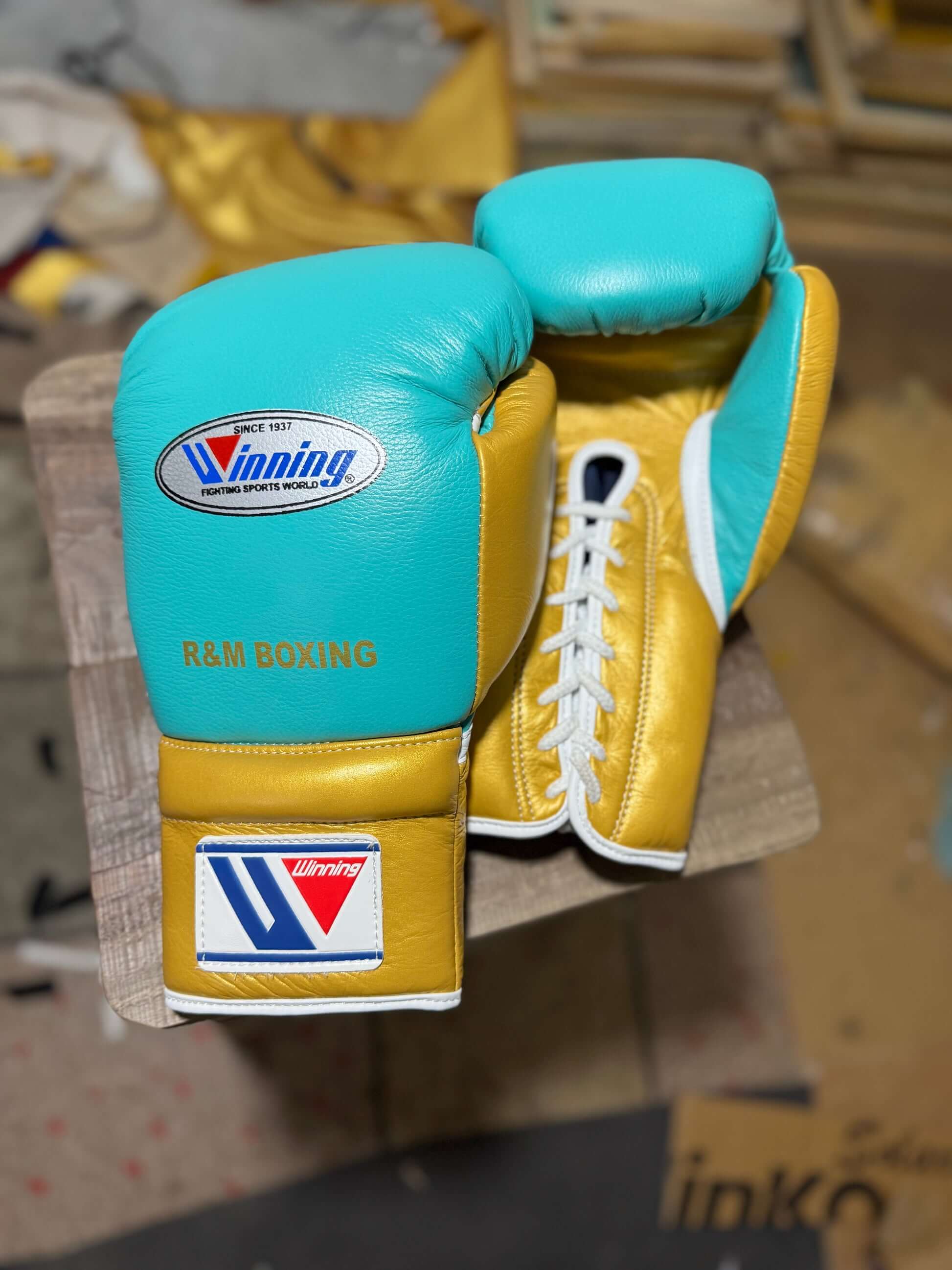 Winning Boxing Gloves Blue/Gold 14oz Leather Training Gloves