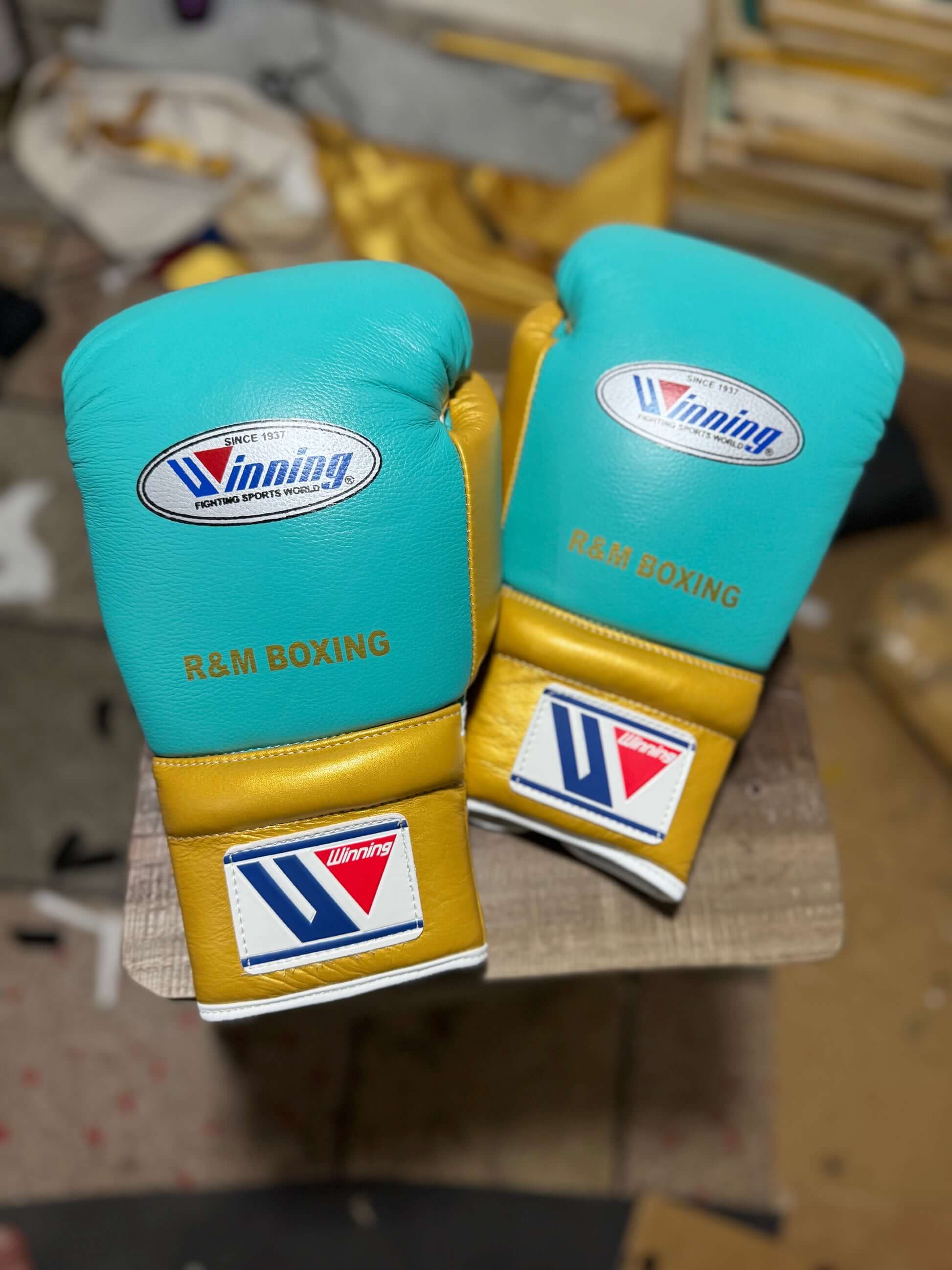 Winning Boxing Gloves Blue/Gold 14oz Leather Training Gloves Back View