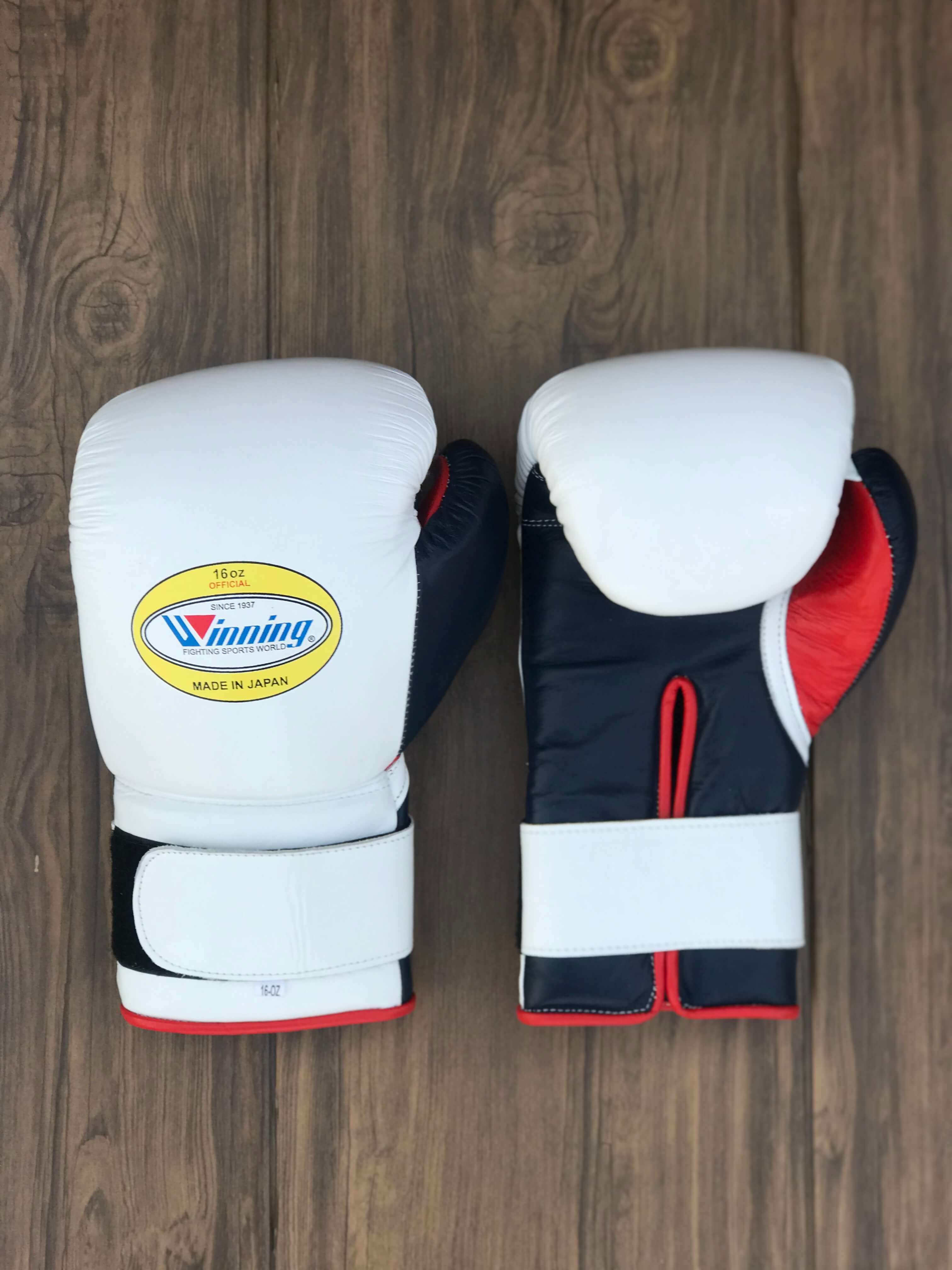 Winning White/Black/Red Velcro Boxing Gloves Classic Training Gloves Front View