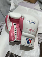 Winning White/Pink Leather Boxing Gloves Heavy Duty Training Pair