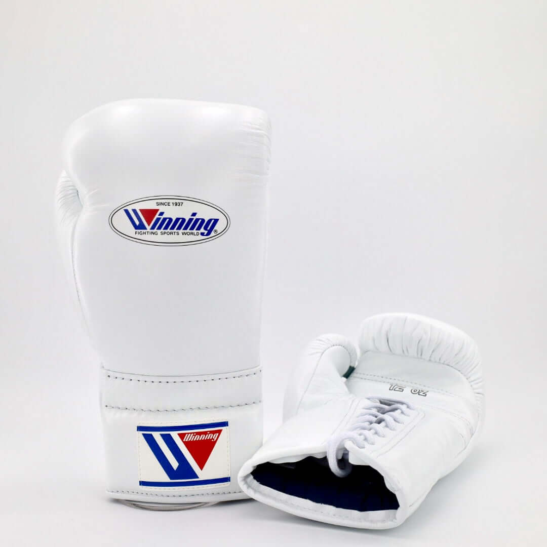 Winning White Lace-Up Boxing Gloves Close Up Detail