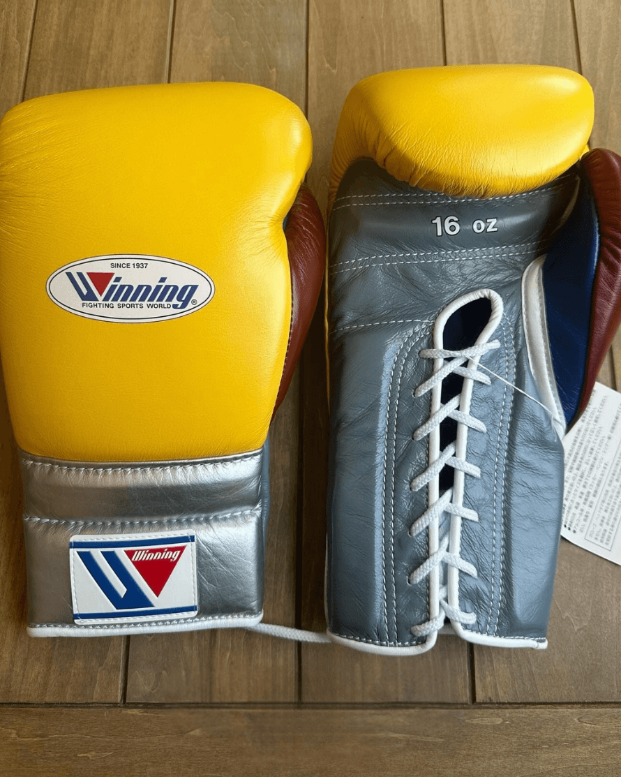 Winning Yellow/Grey/Brown/Blue Leather Boxing Gloves Heavy Duty Training Pair