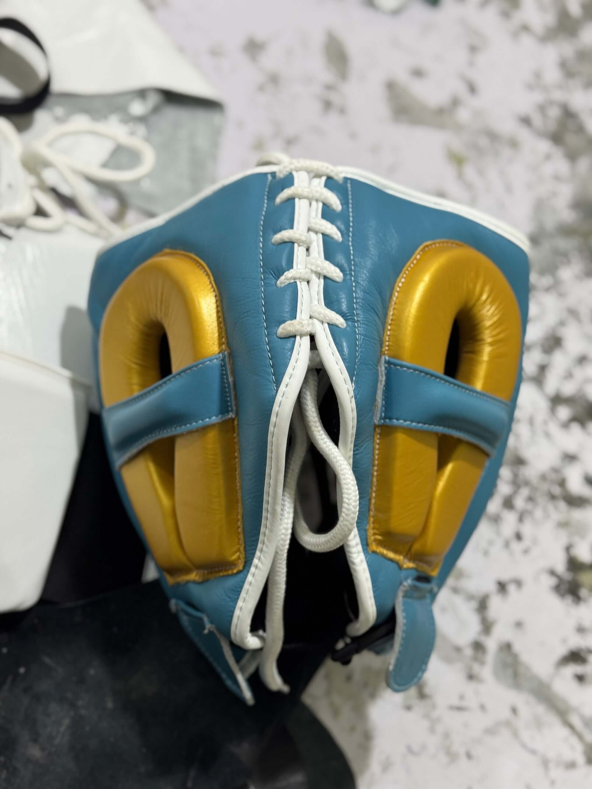 Winning Sky-Blue/Gold Leather Headgear Custom Fit Boxing Headguard Back View