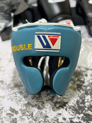 Winning Sky-Blue/Gold Leather Headgear Custom Fit Boxing Headguard