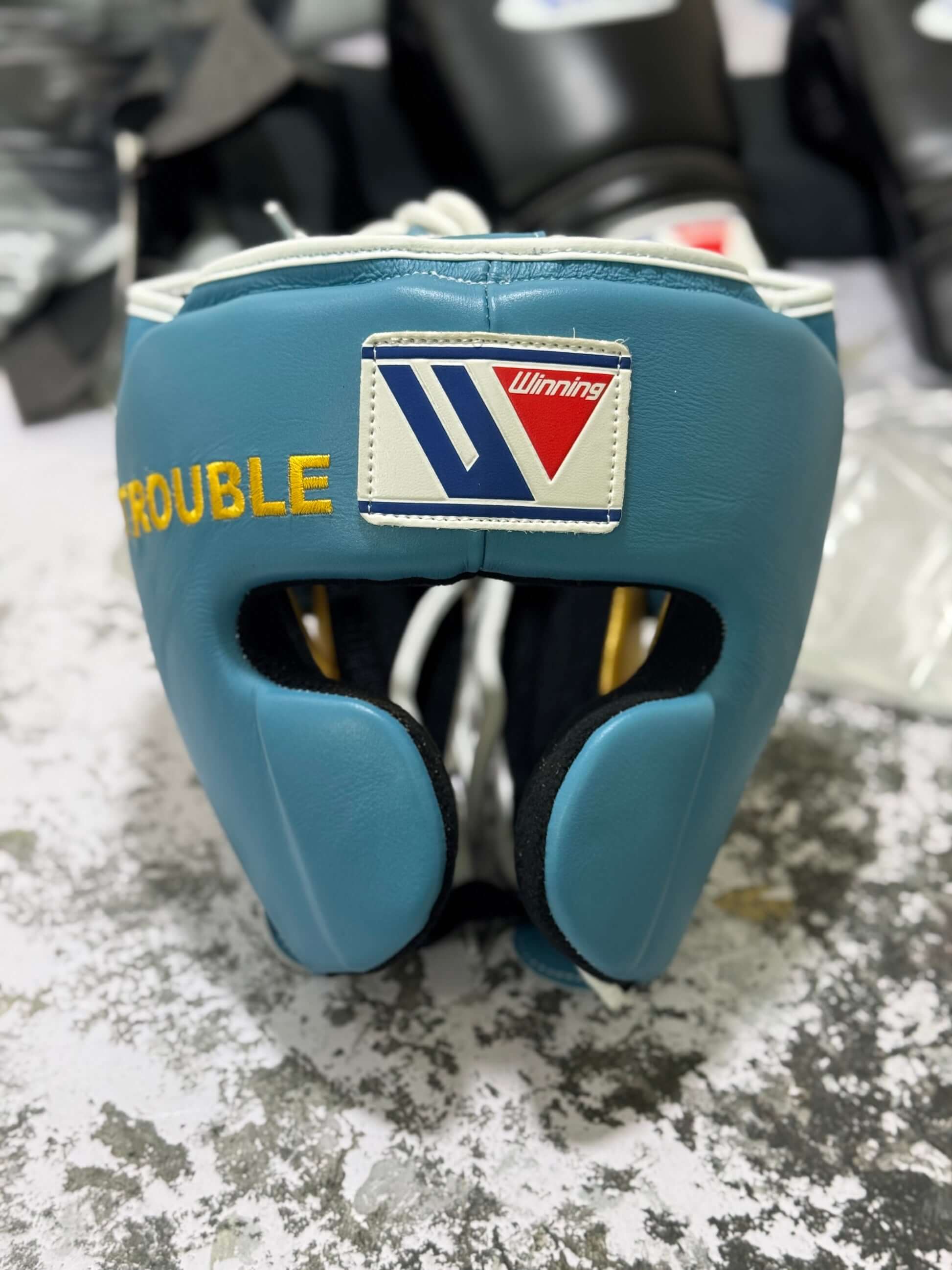 Winning Sky-Blue/Gold Leather Headgear Custom Fit Boxing Headguard