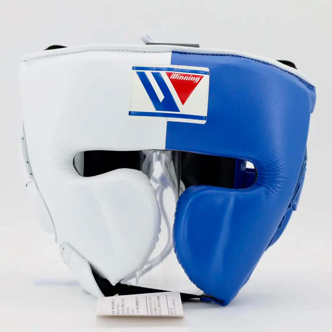 Winning White/Blue Boxing Headgear Premium Sparring Protection