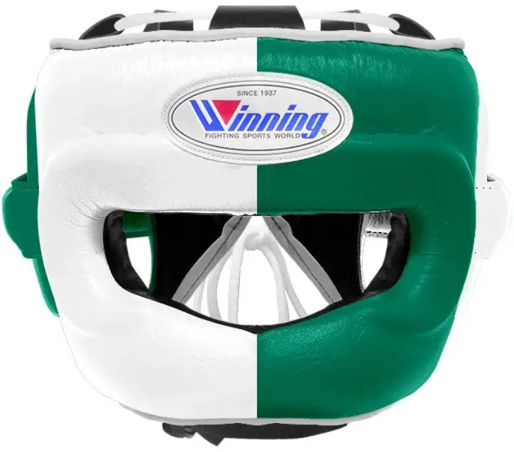 Winning White/Green Boxing Headguard Secure Fit Training Headgear