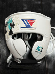 Winning Boxing Headguard White/Black/Teal Chrome Heart Style Leather Head Guard for Training