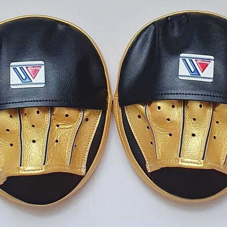 Winning Black/Gold Leather Punching Mitts Classic Training Mitts Front View