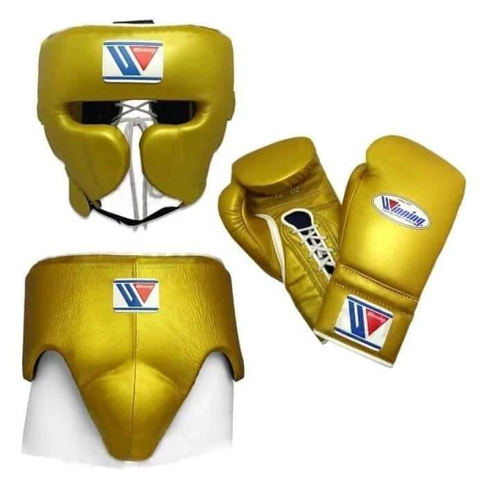 Winning Boxing Set Gold 14oz Gloves with Headguard Training Kit