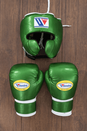 Winning Boxing Set Green/Silver Gym Training Gloves Headguard