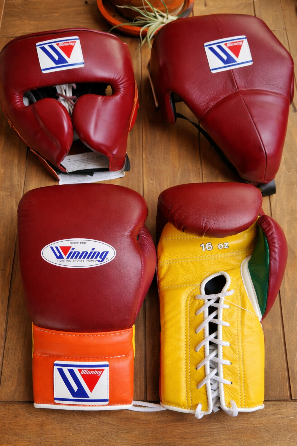 Winning Full Gear Boxing Set Maroon/Yellow/Orange 14oz Gloves Training Pack
