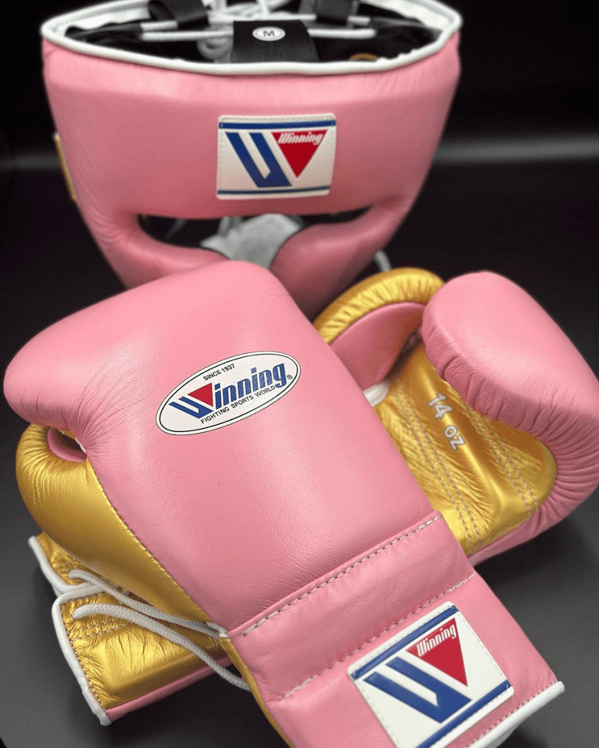 Winning Boxing Set Pink/Gold 14oz Gloves with Headguard Training Kit