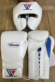 Winning Boxing Set White/Blue Lace-Up Gloves Headguard Kit