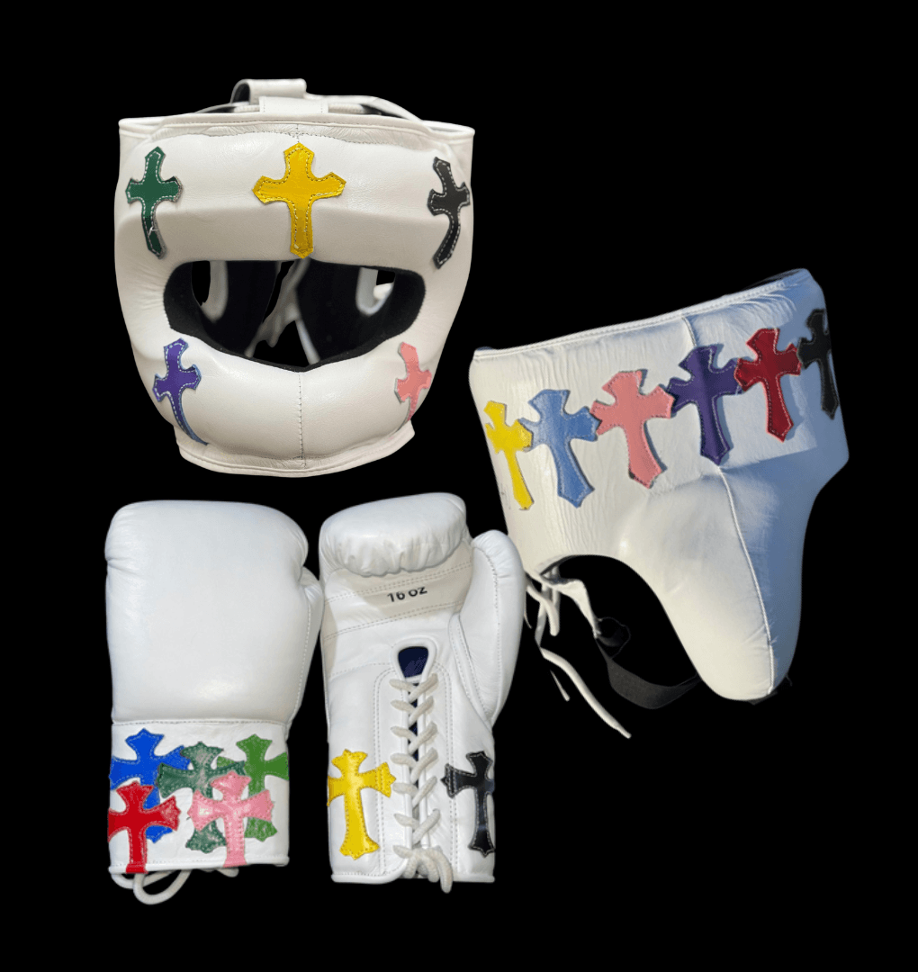 Winning White Full Boxing Set Gloves Headguard Groin Guard