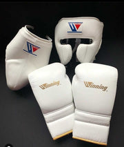 Winning Boxing Set White/Gold Lace-Up Gloves Headguard Kit