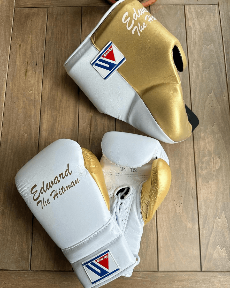 Winning White/Gold Red Full Boxing Set Gloves Headguard Groin Guard