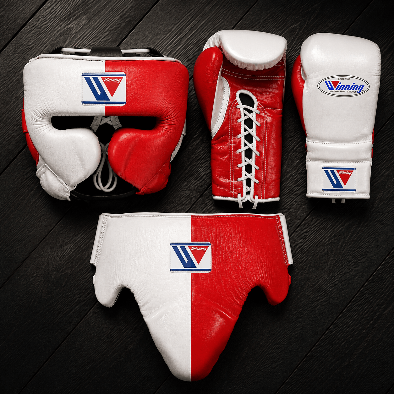 Winning Boxing Sets White/Red Leather Gloves and Mitts for Training
