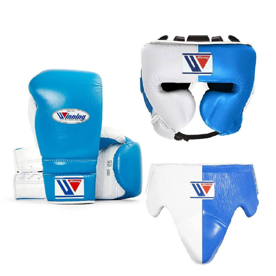 Winning Sparring Boxing Set White/Sky-Blue Complete Gear Bundle