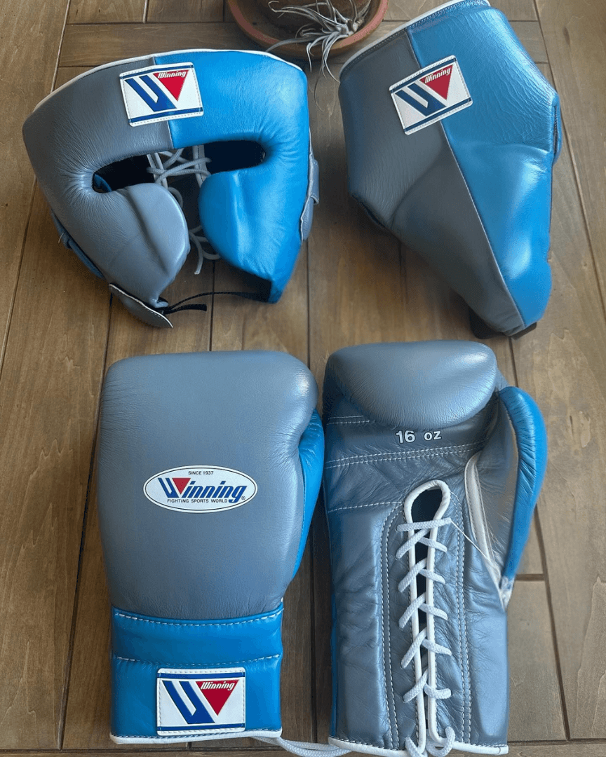 Winning Boxing Gloves Set Grey/Blue Heavy Duty Training Collection