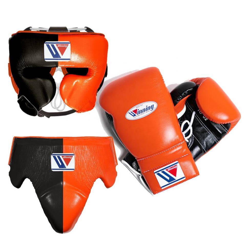 Winning Orange/Black Boxing Set Fitness Training Gloves Headguard