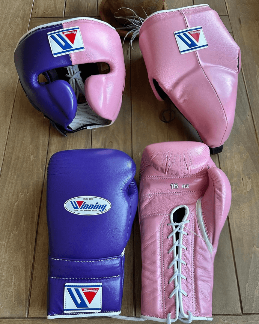 Winning Boxing Set Pink/Purple 14oz Gloves with Headguard Training Kit