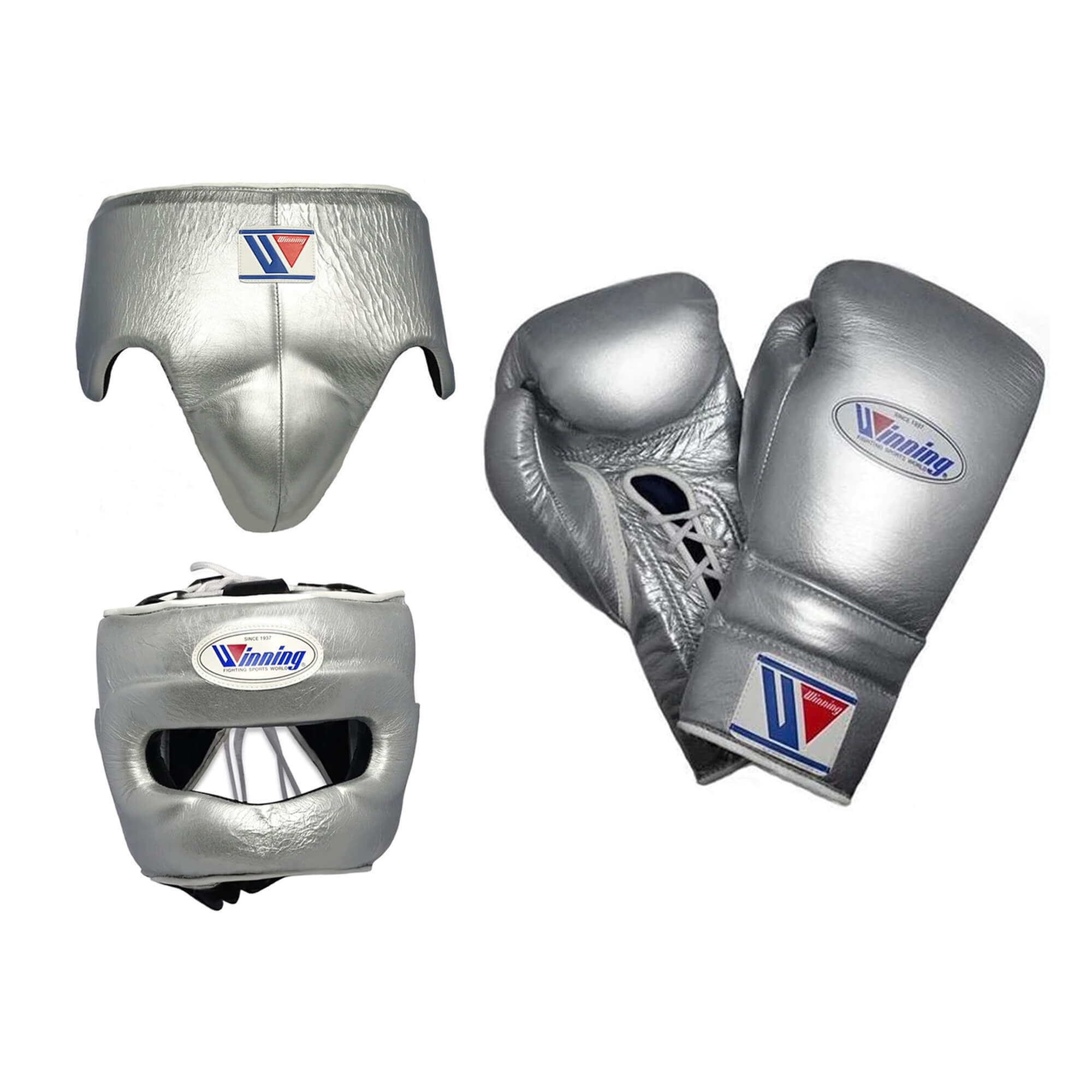 Winning Silver Full Boxing Set Gloves Headguard Groin Guard