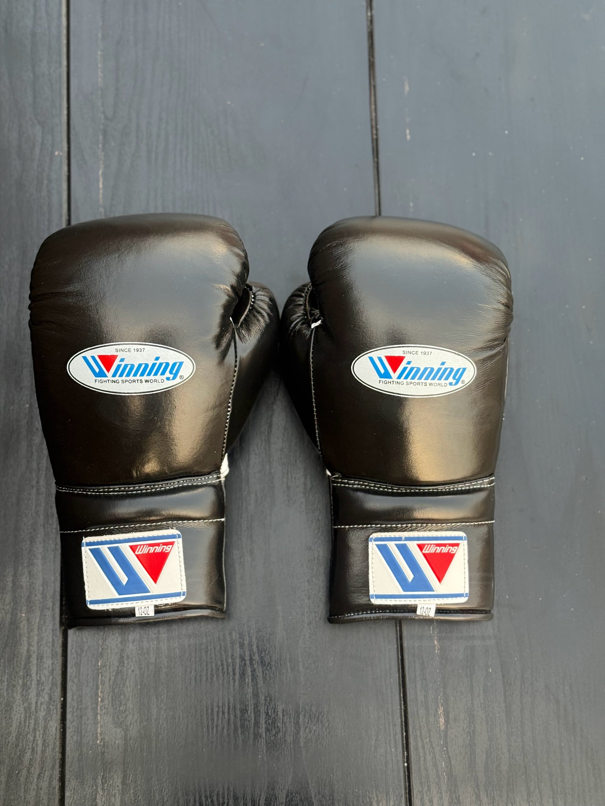 Winning boxing gloves Black lace up back view high quality sparring gloves