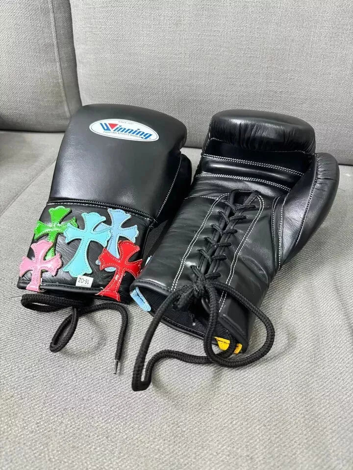 winning boxing gloves black/multi chrome heart style front back thumb view high quality lace up boxing gloves