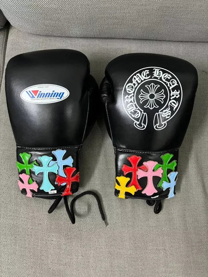 winning boxing gloves black/multi chrome heart style high quality lace up boxing gloves