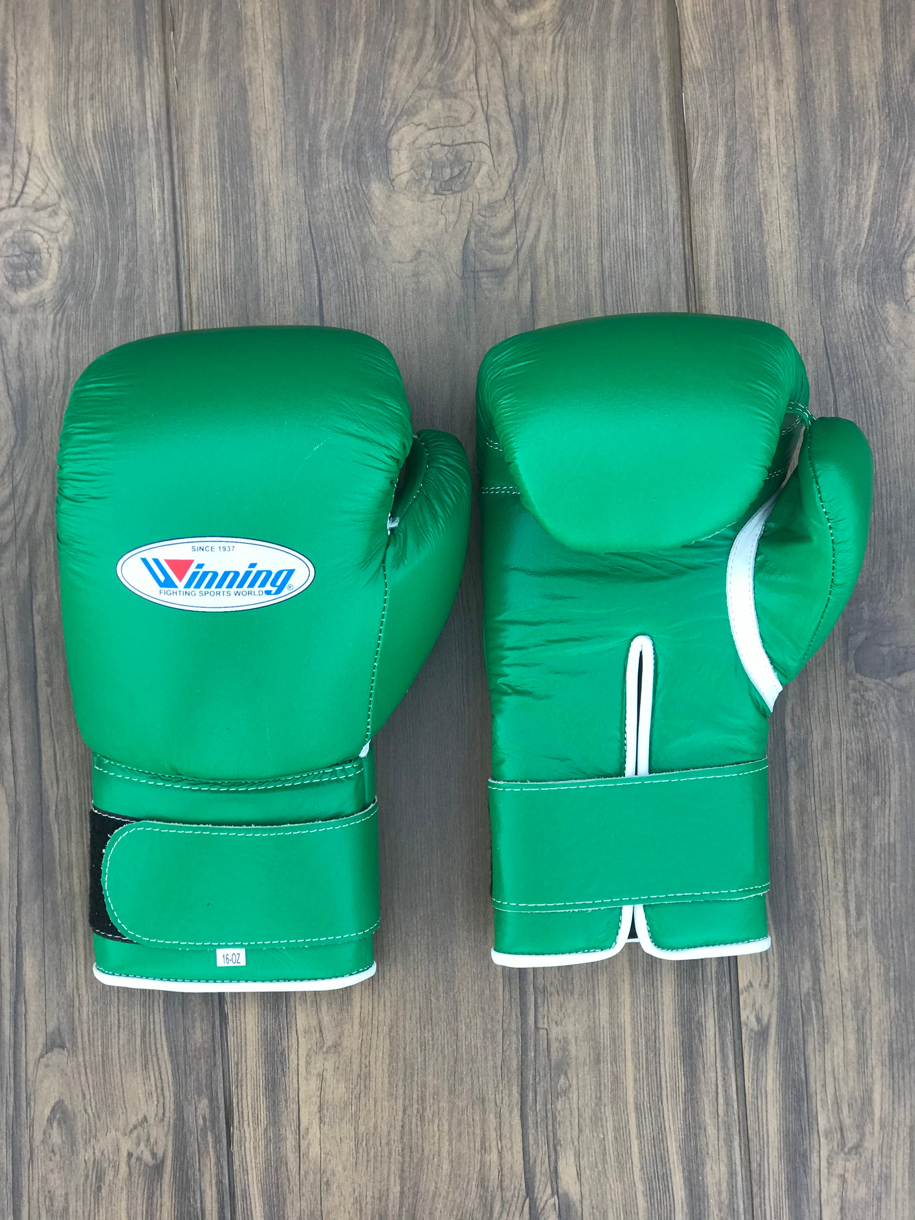 Winning green boxing gloves velcro back frontn view custom training gloves for boxing