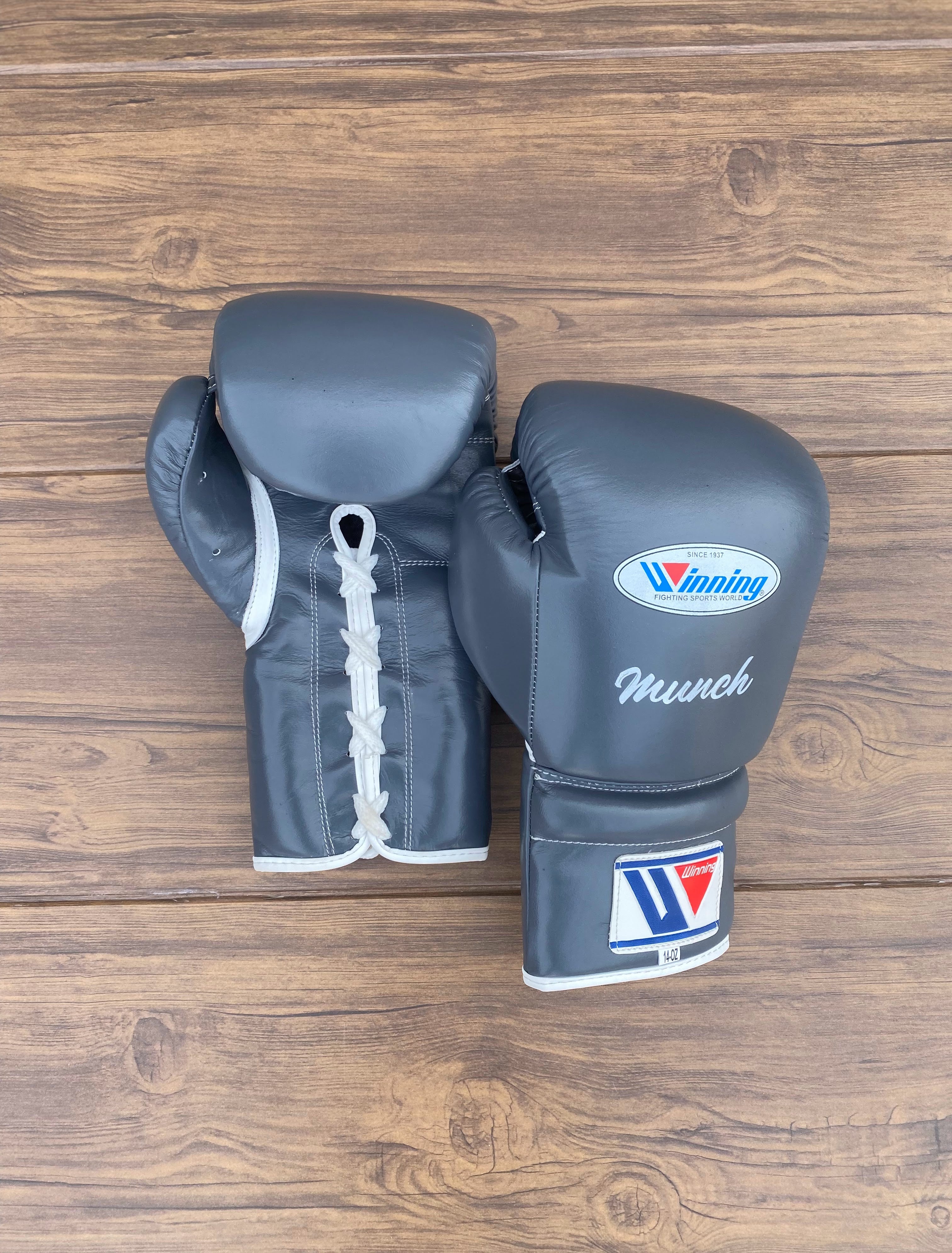 winning boxing gloves grey back and front view professional boxing gear premium quality