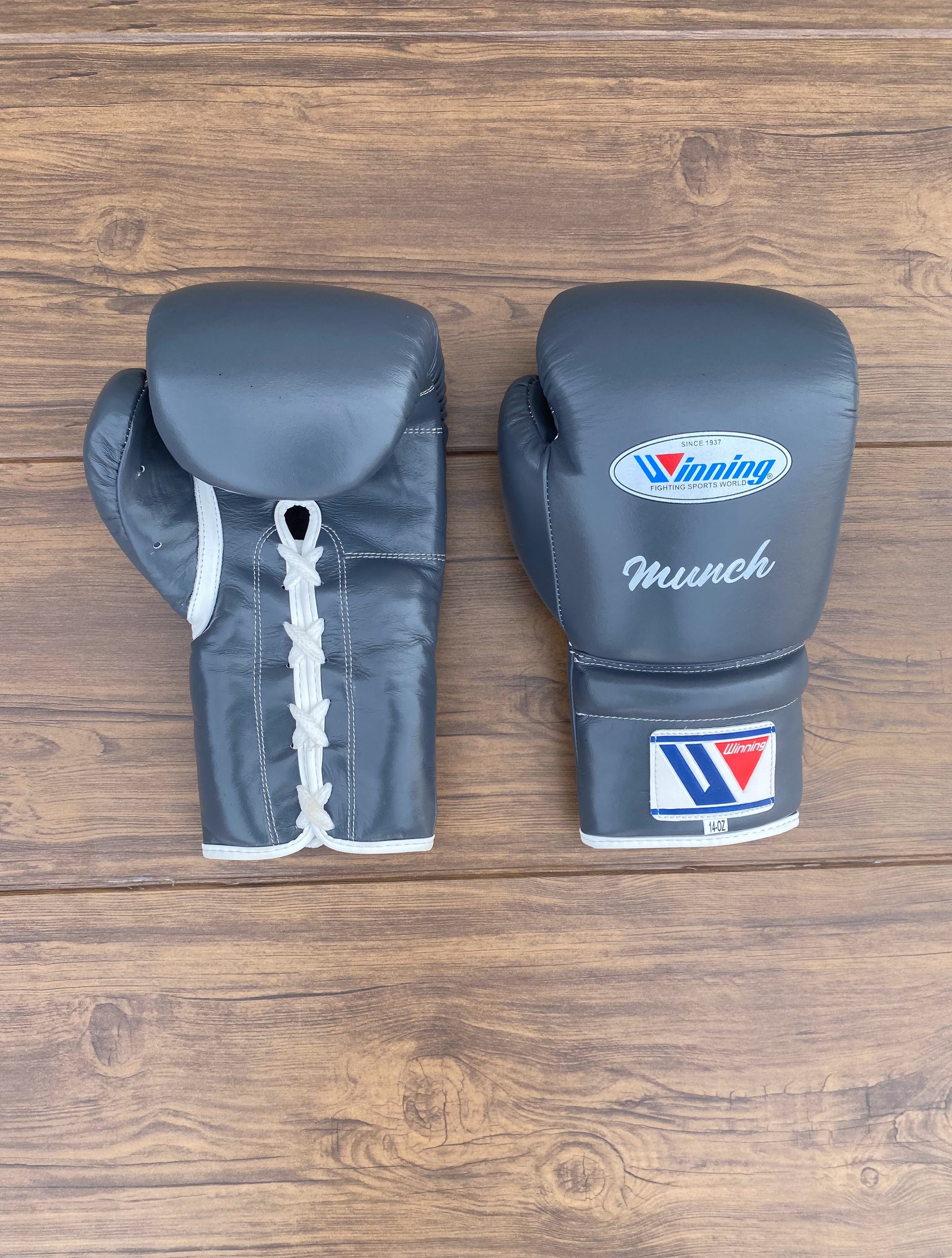 winning boxing gloves grey front and back view professional boxing gear premium quality